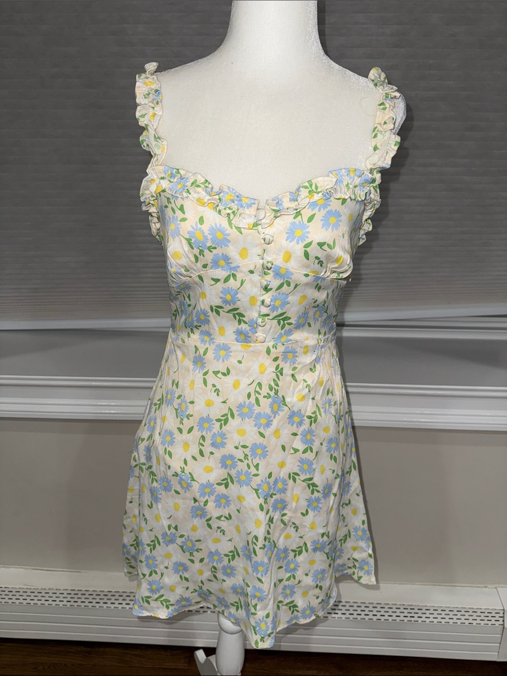 Zara Cream Mini Dress with Blue & Yellow Floral Print
